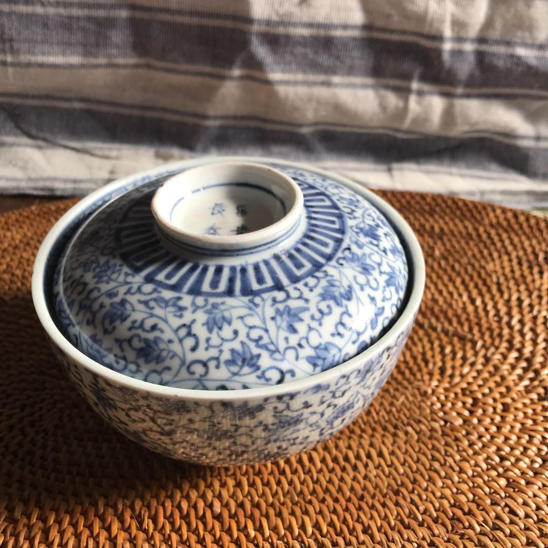 花唐草 染付 蓋付 茶碗