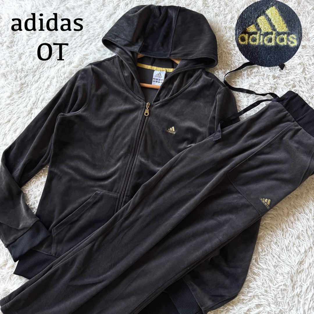 アディダス　ベロア　ジャージ　セットアップ　ロゴ　ブラック　OT 黒　XL
