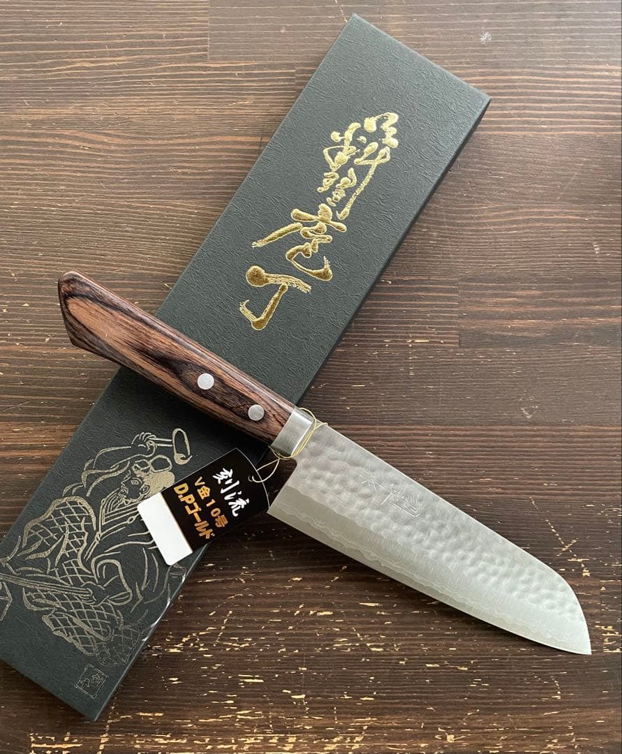 増谷刃物 訓平作 三徳包丁 VG10ステンレス 積層槌目（刻流）口金有 スコッチ