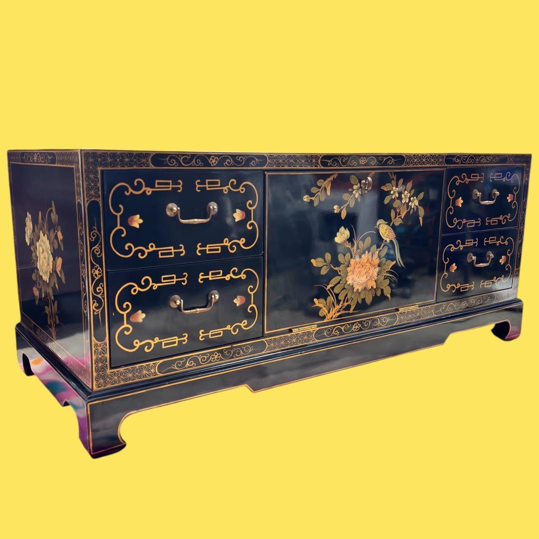 花柄装飾 箪笥 ローチェスト TV台 4段引き出し 開き扉付 螺鈿細工