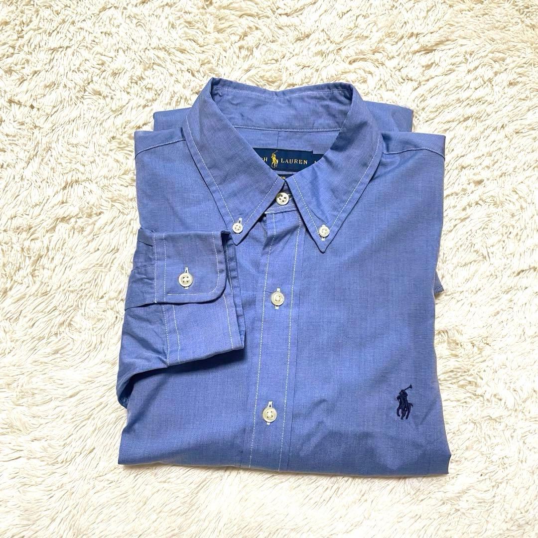 未使用級　ラルフローレン　M ストレッチ　長袖シャツ　BD ポニー刺繍　ブルー