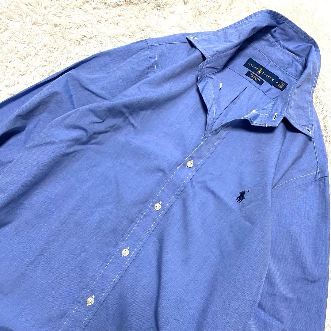 未使用級　ラルフローレン　M ストレッチ　長袖シャツ　BD ポニー刺繍　ブルー