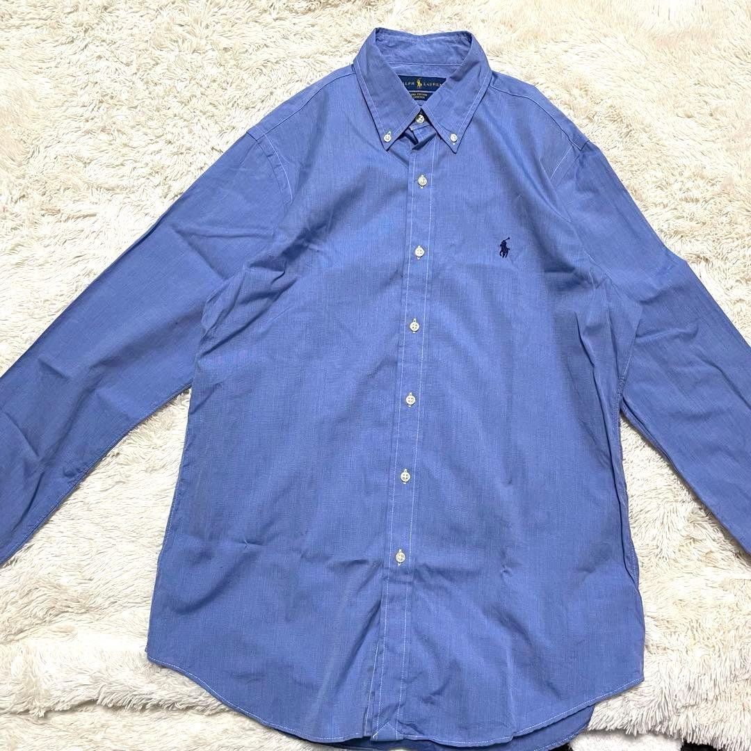 未使用級　ラルフローレン　M ストレッチ　長袖シャツ　BD ポニー刺繍　ブルー