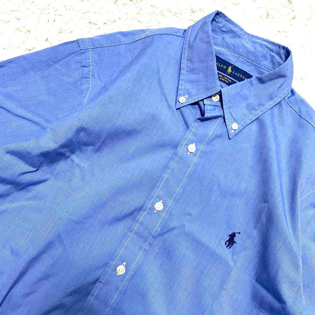 未使用級　ラルフローレン　M ストレッチ　長袖シャツ　BD ポニー刺繍　ブルー