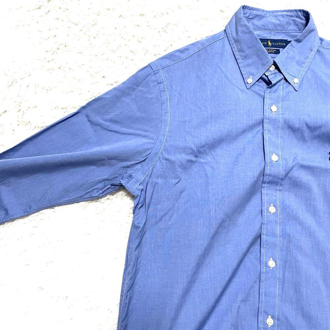 未使用級　ラルフローレン　M ストレッチ　長袖シャツ　BD ポニー刺繍　ブルー