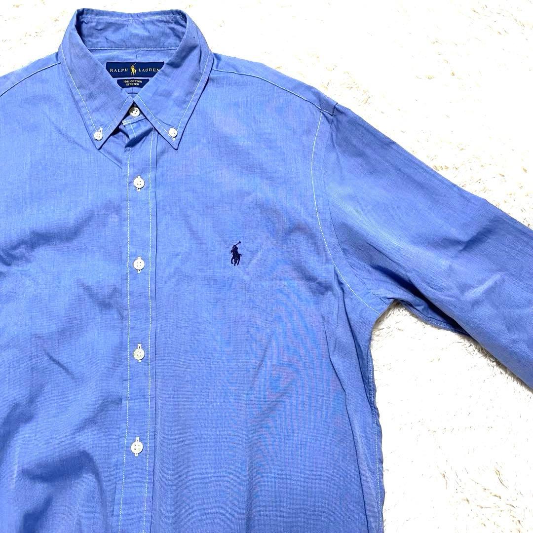 未使用級　ラルフローレン　M ストレッチ　長袖シャツ　BD ポニー刺繍　ブルー