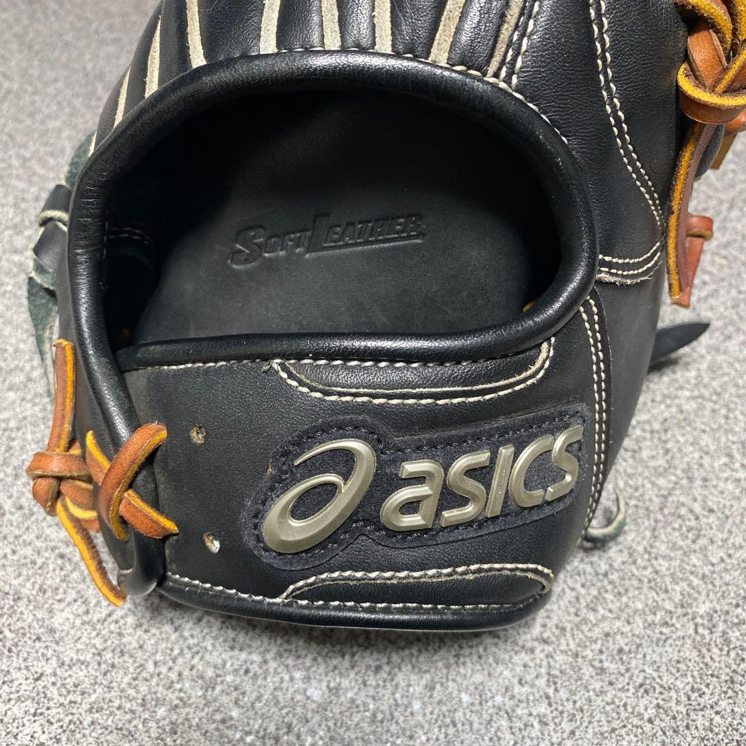 asics 軟式グローブ 黒 レザー ストライプ