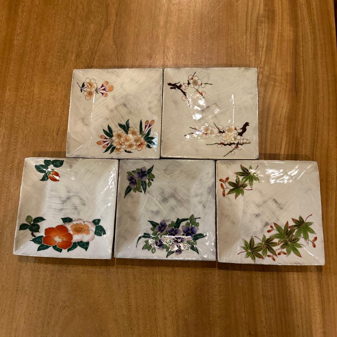 波佐見焼　林九郎窯　四季の景　刷毛目絵付皿　五枚　希少