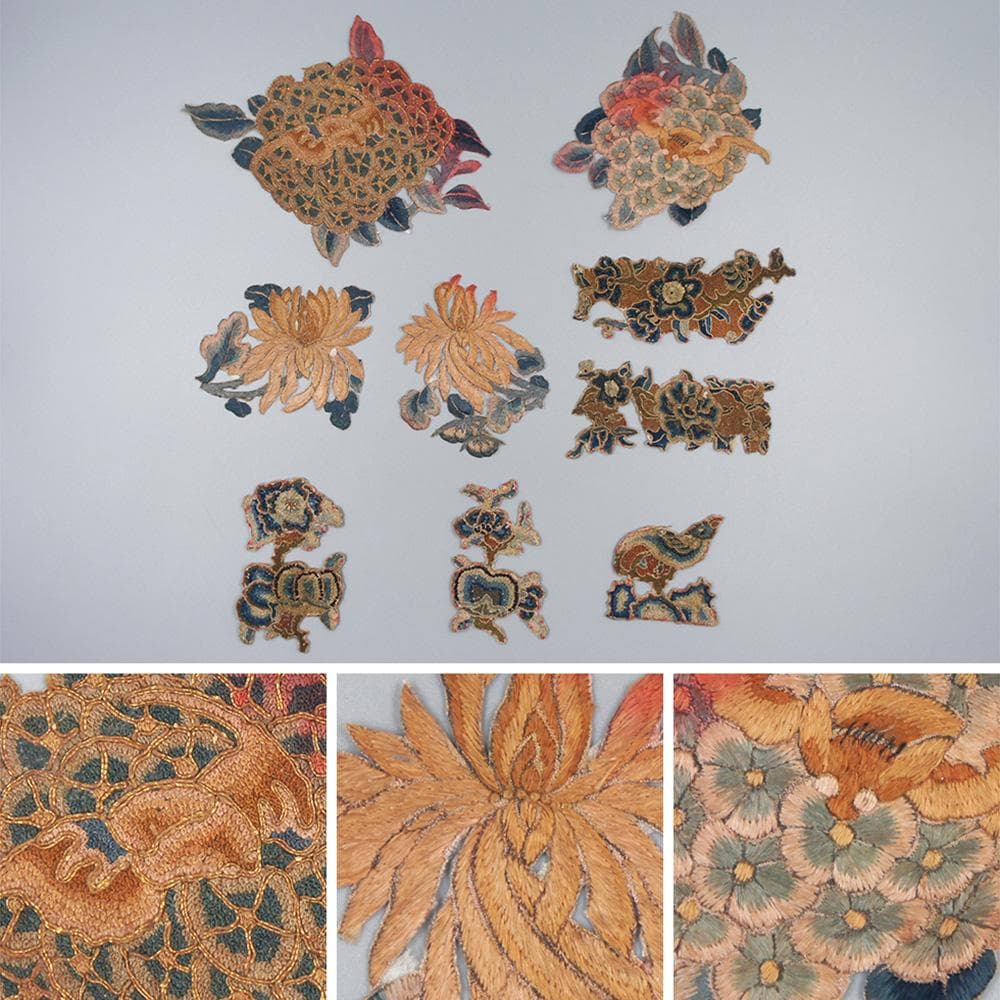 【繍】　★ 織繍 老繍吉祥紋繍片 9個 ★　清朝期　花卉蝙蝠 刺繍文様　明清繍品