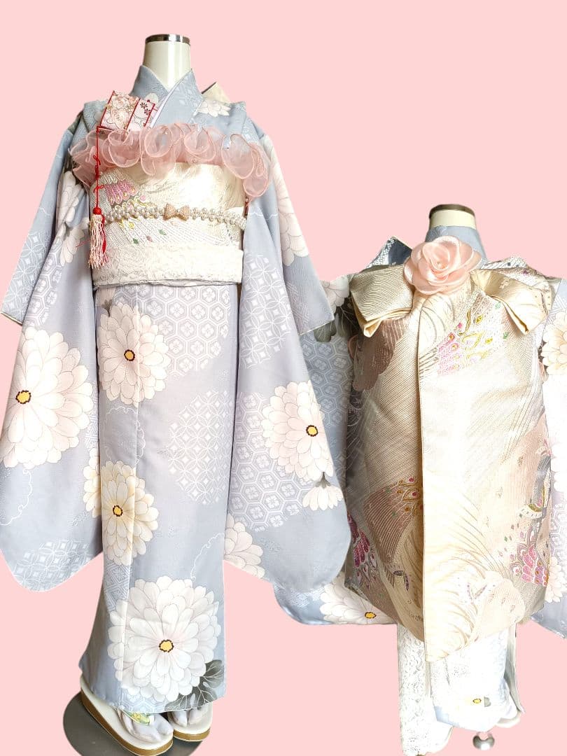 新品☆ブルーグレーの着物と作り帯☆七五三ハーフ成人式フルセット