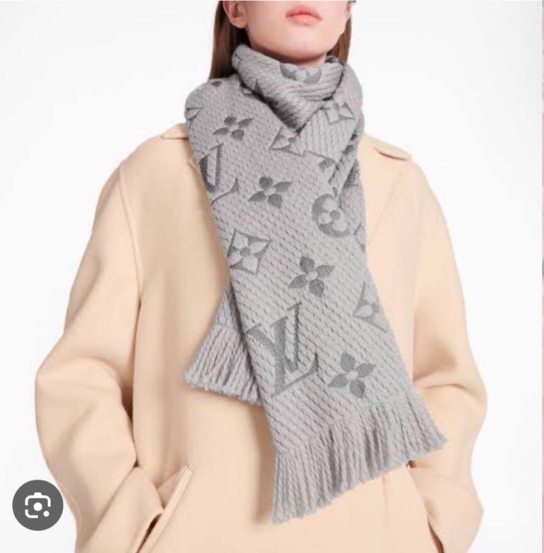 グレー ロゴ入り ウール混紡マフラー