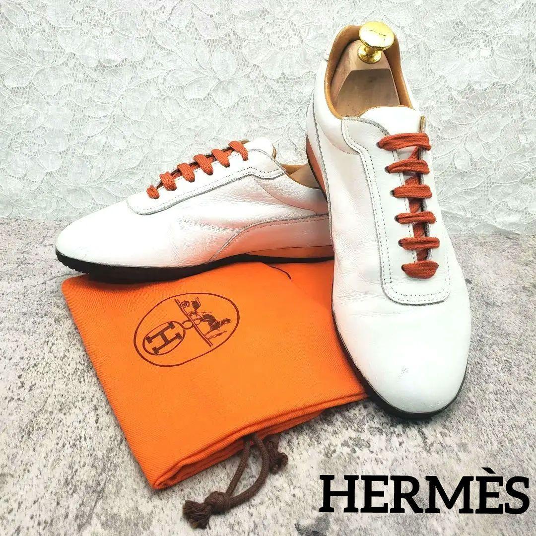 ✨HERMÈS✨クイック レザースニーカー 白 36.5 Hロゴ 白 オレンジ