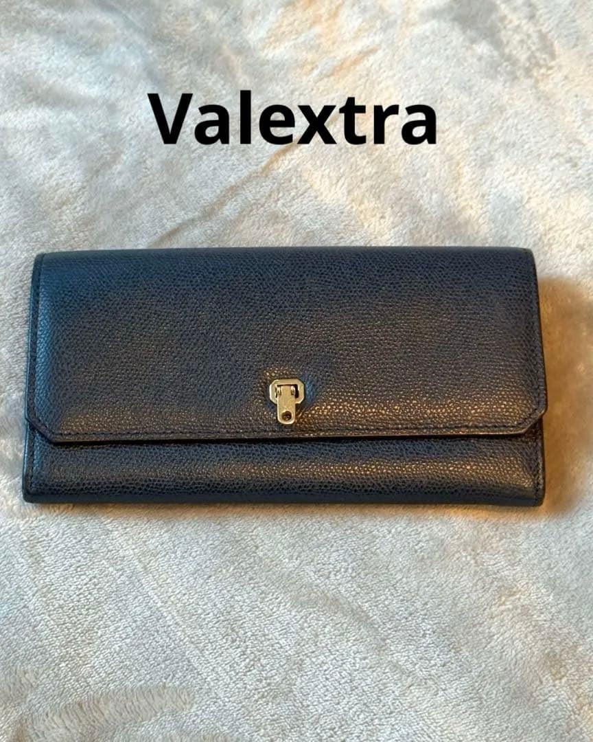 【美品】Valextra ヴァレクストラ　ネイビー レザー フラップ式 長財布