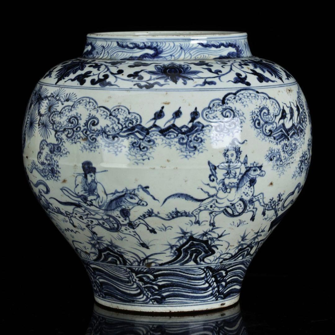 中国古玩 青花 染付 人物騎馬図 大壺30㎝ 飾壺 唐物 時代物 古美術 骨董品