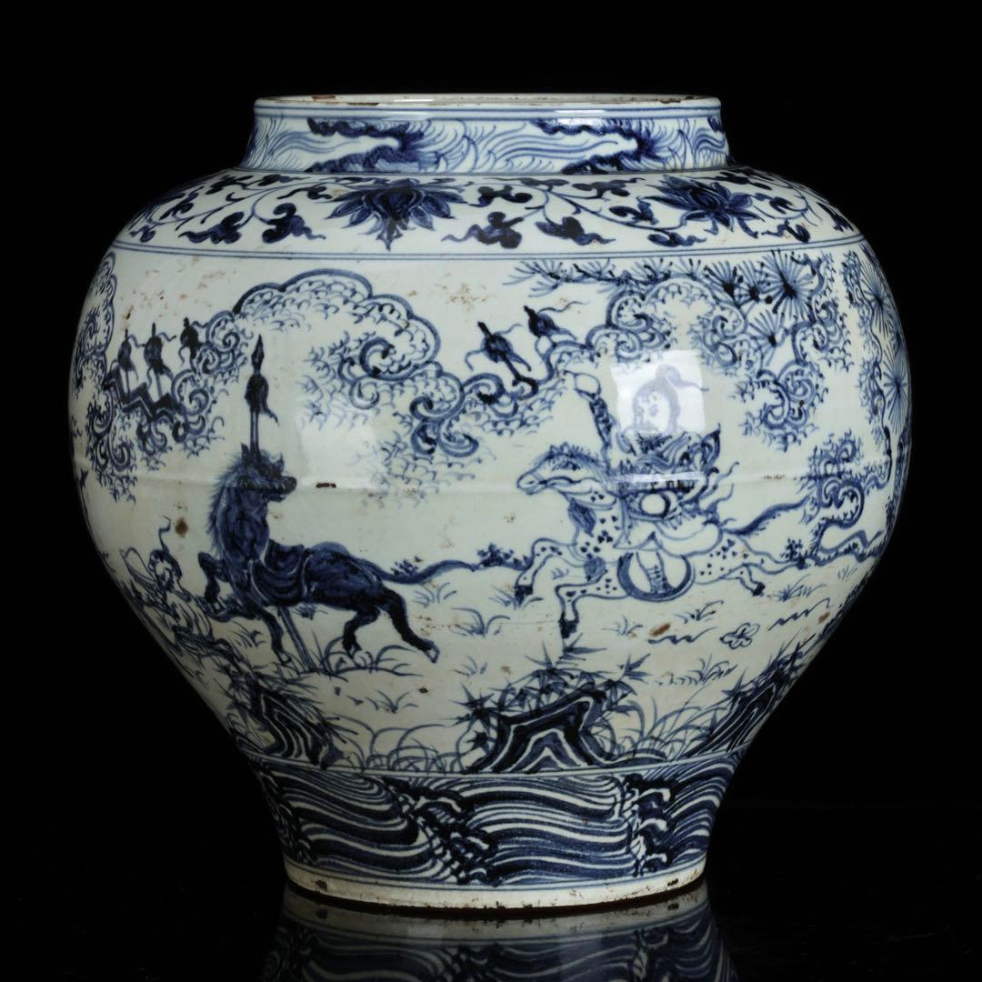 中国古玩 青花 染付 人物騎馬図 大壺30㎝ 飾壺 唐物 時代物 古美術 骨董品