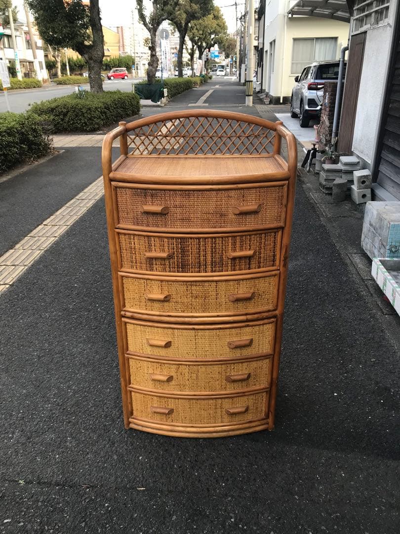 ラタン製　カーブ型チェスト 6杯　引き出し　藤　レトロ　アンティーク　古道具