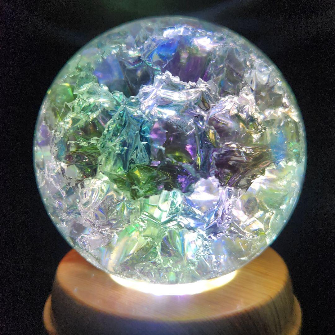 【新品】エンジェルオーラクラック水晶スフィア 特大★約78㍉サイズ★回転台座付き