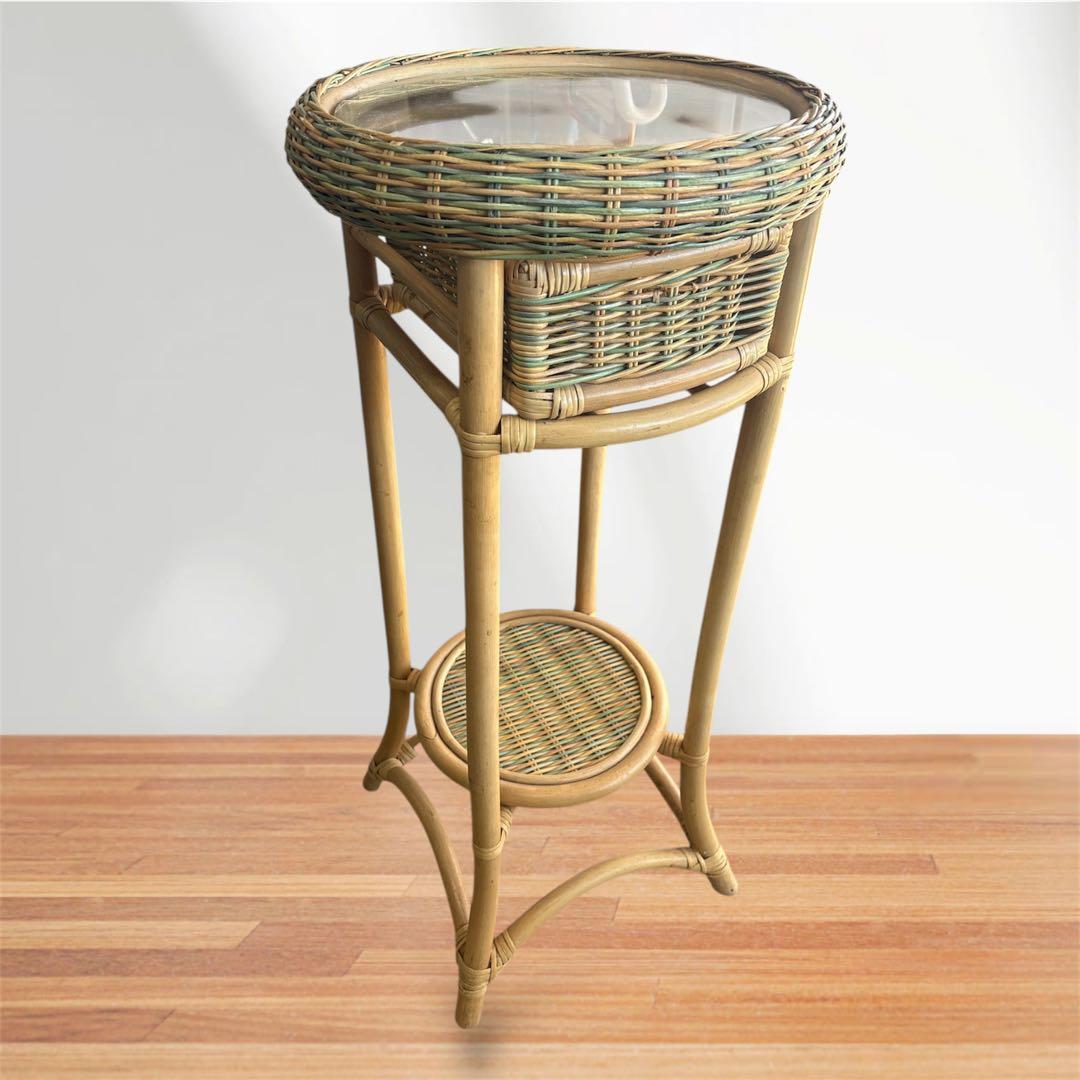 【希少】ラタン製 サイドテーブル 天然素材 ヴィンテージ レトロ 籐