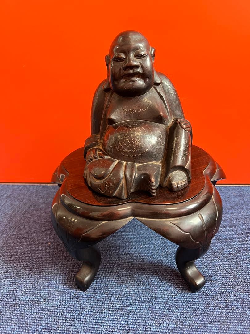 1302 木彫布袋　花台付き　置物