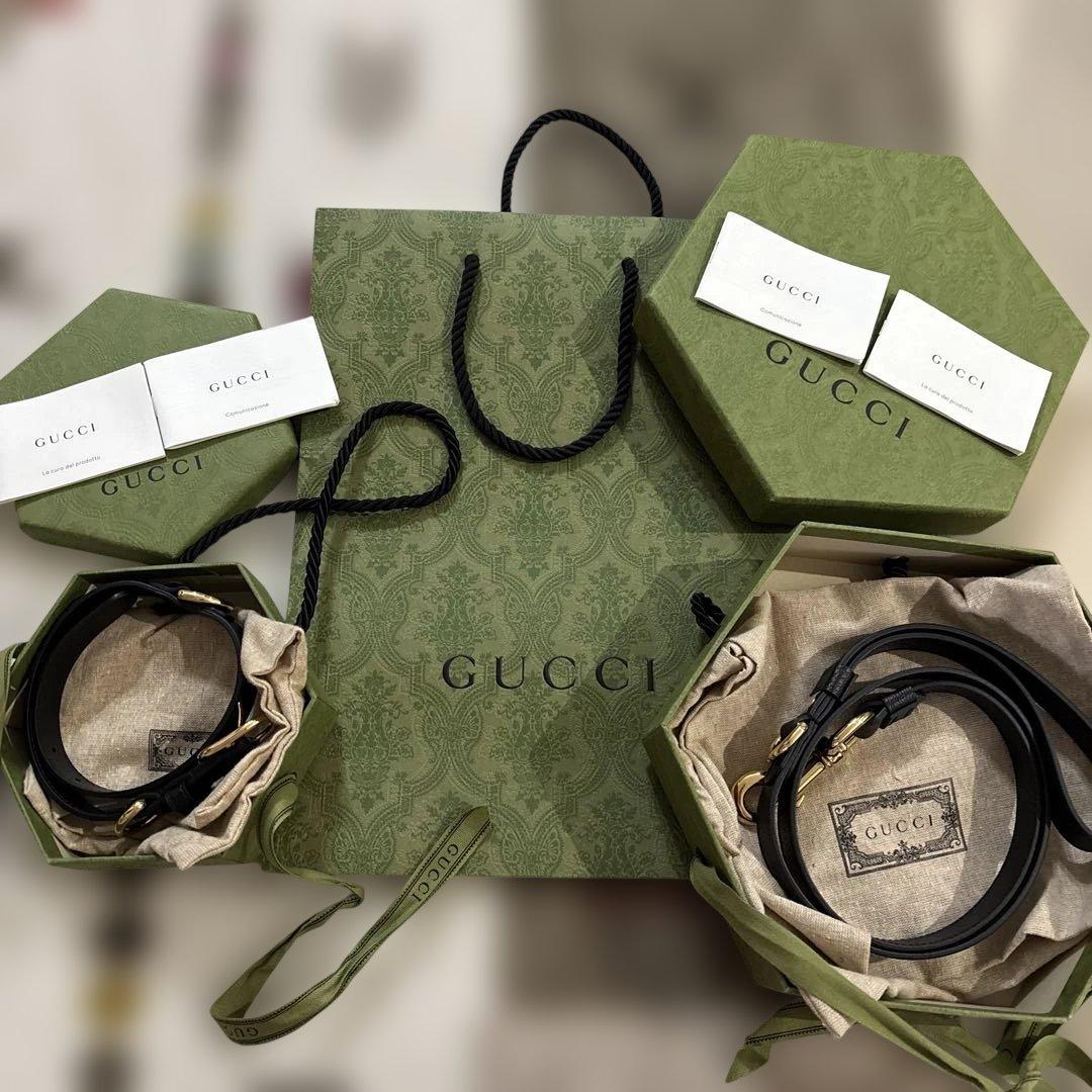 新品未使用GUCCI ブラック レザー リードと首輪　Sセット　ショッパー付き