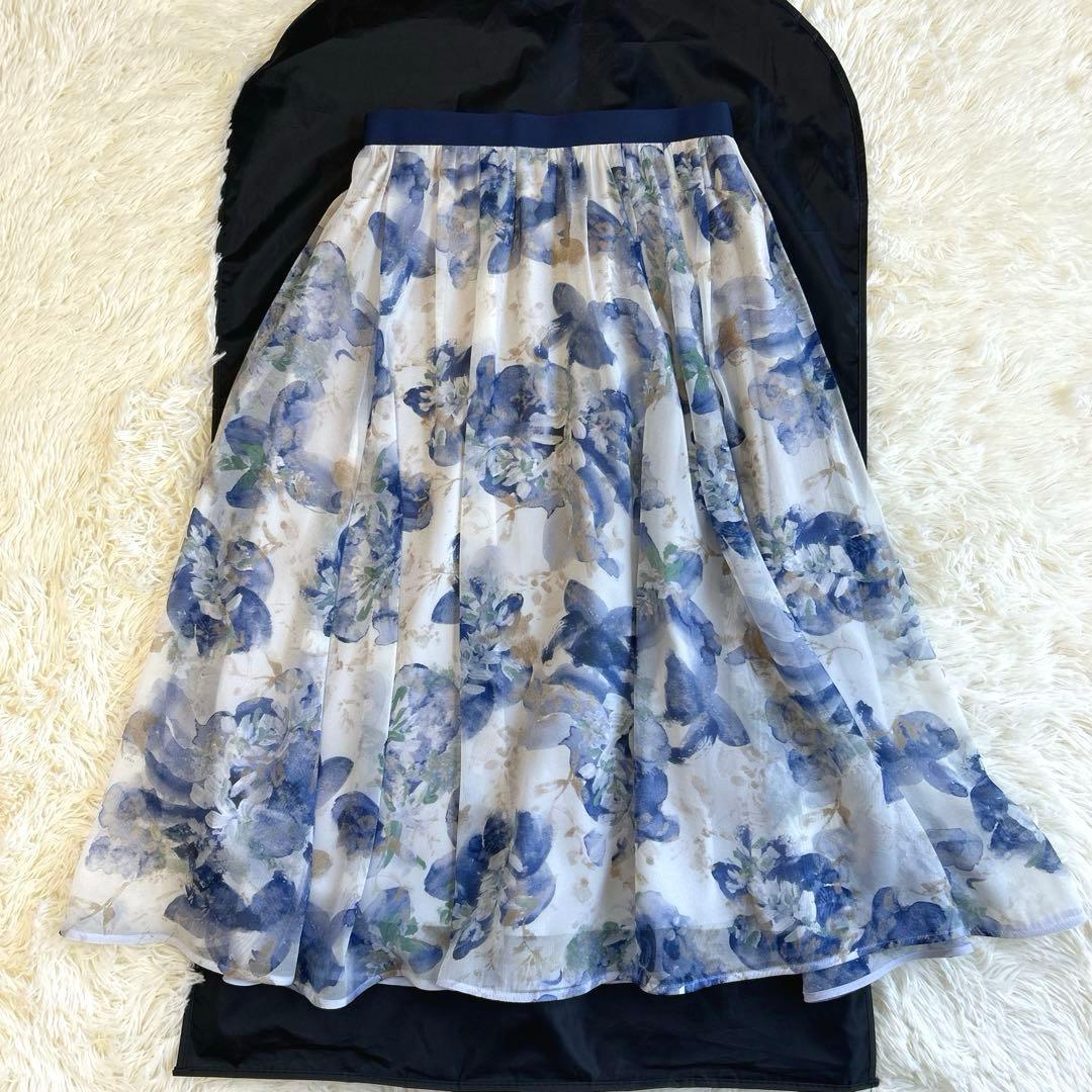 美品✨完売　アナイ ドローイングフラワーオーガンジー スカート ブルー 38