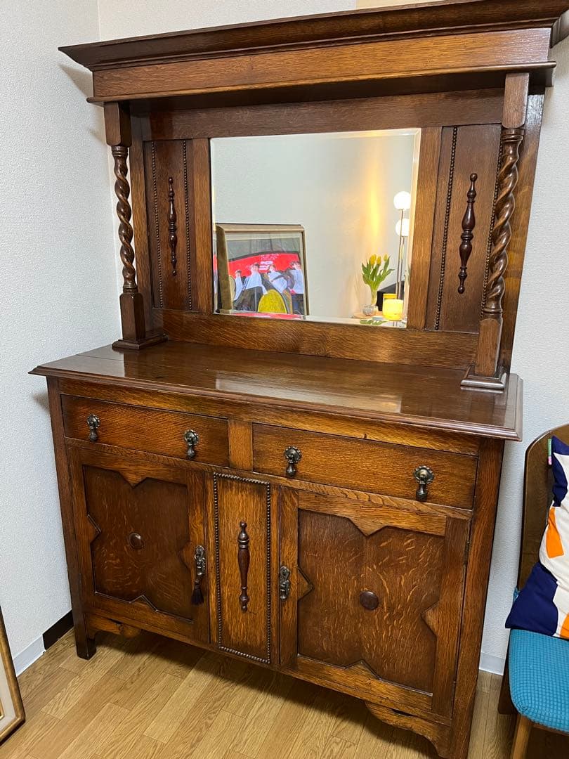 【アンティーク専門店で購入】オーク材 アンティーク家具 ミラー付きサイドボード