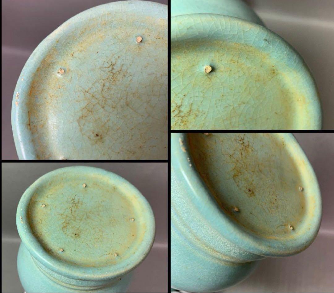 中国 四大名窯宋代汝窯天青釉 莲花口双耳花瓶 がギザギザの瓶