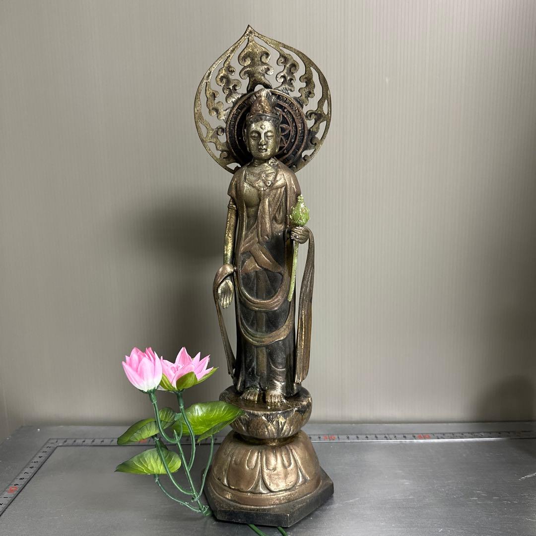 特大、銅製、観音、立像、38.センチ。塗り箱付き。