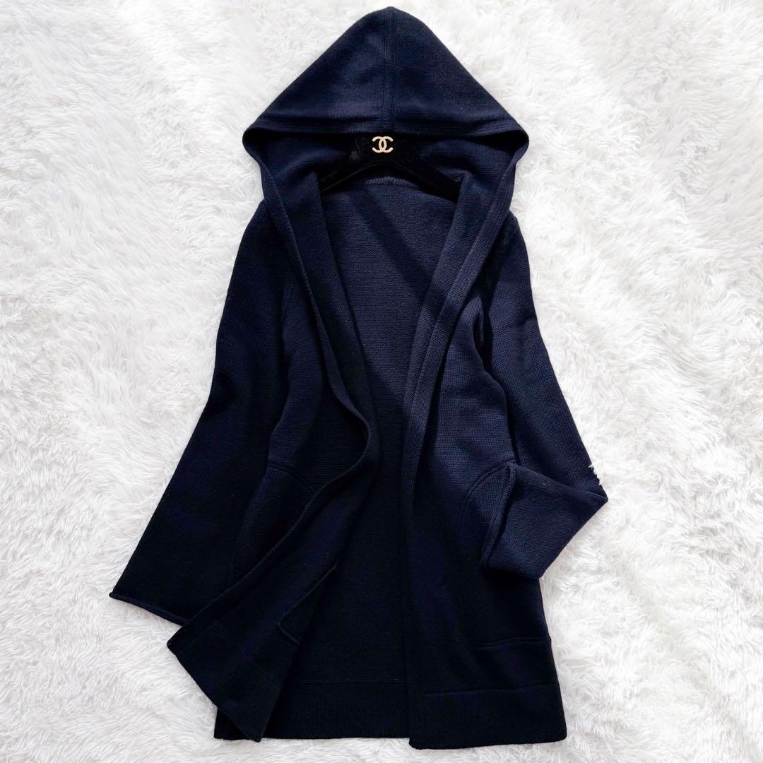 FOXEY カシミヤ100% ロングガウンコート フード付カーディガン ネイビー