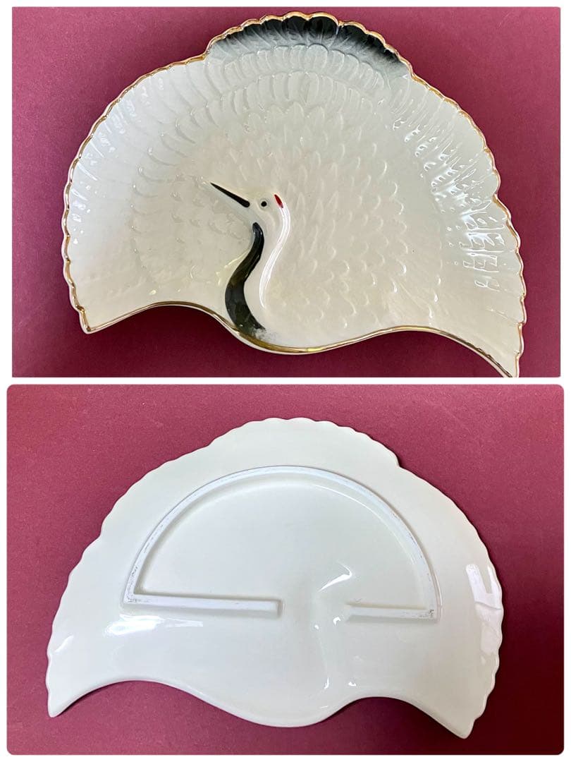 パコ 白い鶴の模様の扇形皿 3枚 鶴皿　鶴型　箸置き各3点セット　お正月