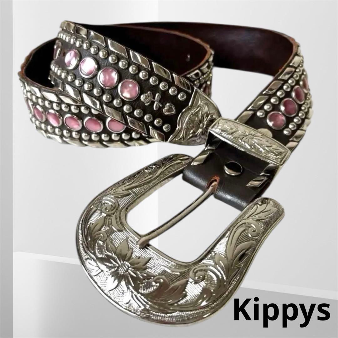 高級✨Kippys スワロフスキー スタッズ 装飾 ブラウンレザーベルト ピンク