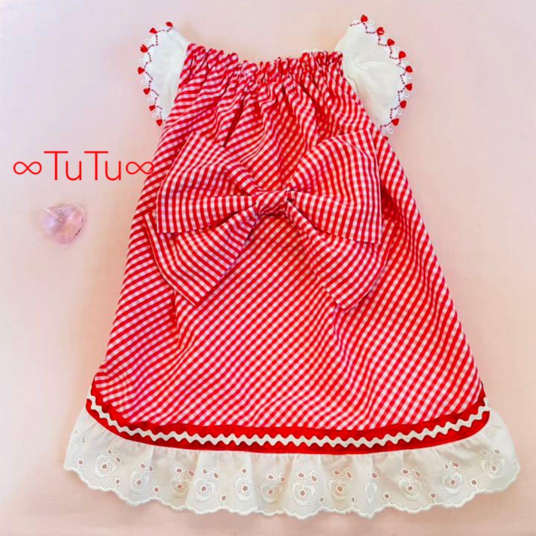 大きなリボンギンガム　　∞TuTu∞  犬服　ハンドメイド