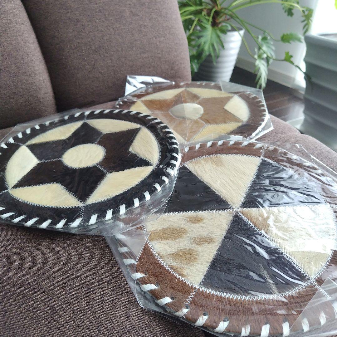 未開封！アメリカンヴィンテージハラコ 本革 ラウンド型マット 3枚 26cm