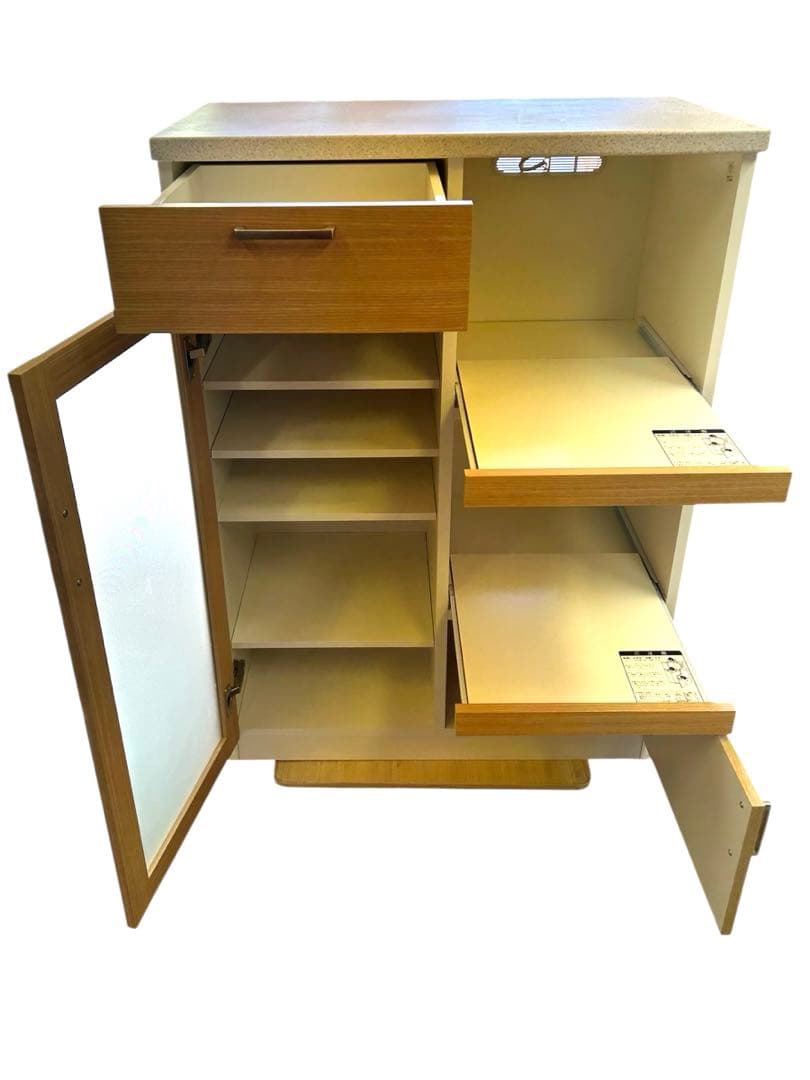 レンジボード コンセント付き モダンキッチン収納キャビネット ガラス扉付き 美品