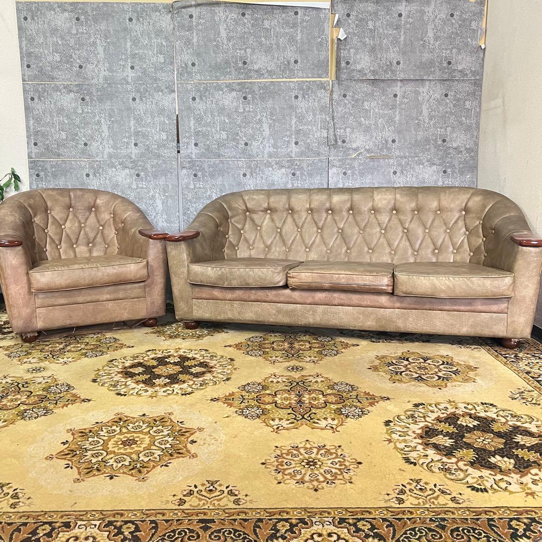 ꧁ヴィンテージ家具꧂1人掛けソファ&3人掛けソファセット アンティーク レザー