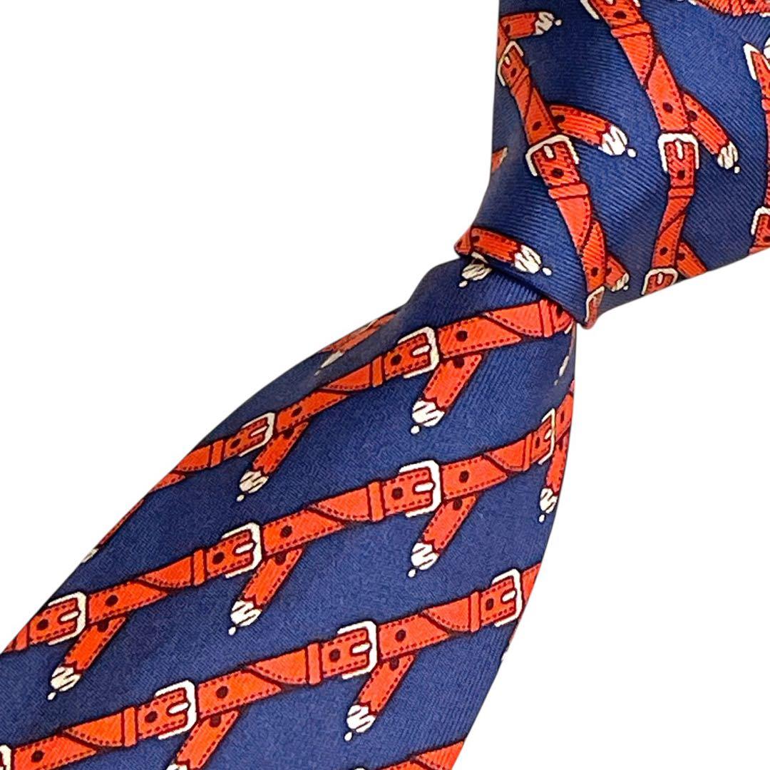 【95】HERMES ネクタイ ベルトモチーフ 総柄 シルク フランス製