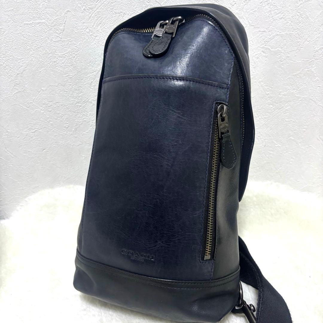 コーチ ボディバッグ ショルダーバッグ ブラック ネイビー レザー