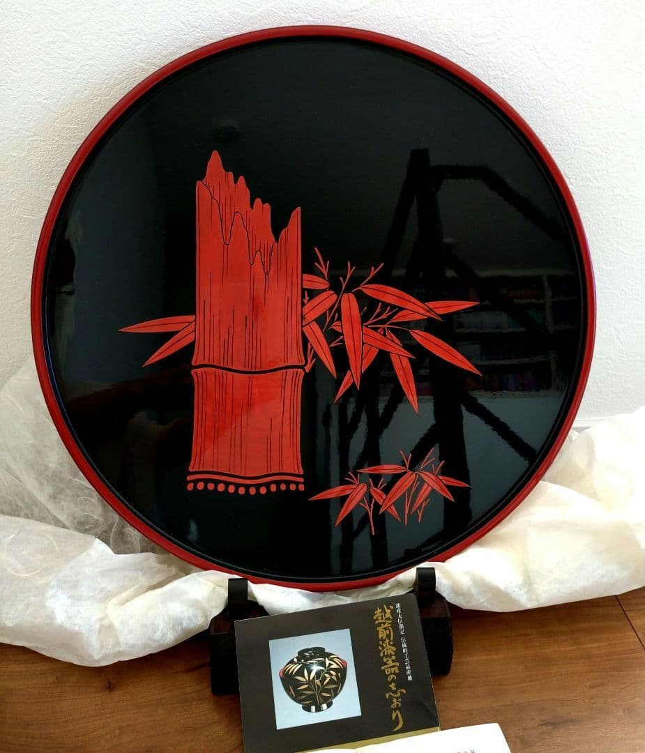 【うるし】越前漆器 伝統工芸品 【希少】JAPAN大盤40cm漆器 飾り黒朱丸盆