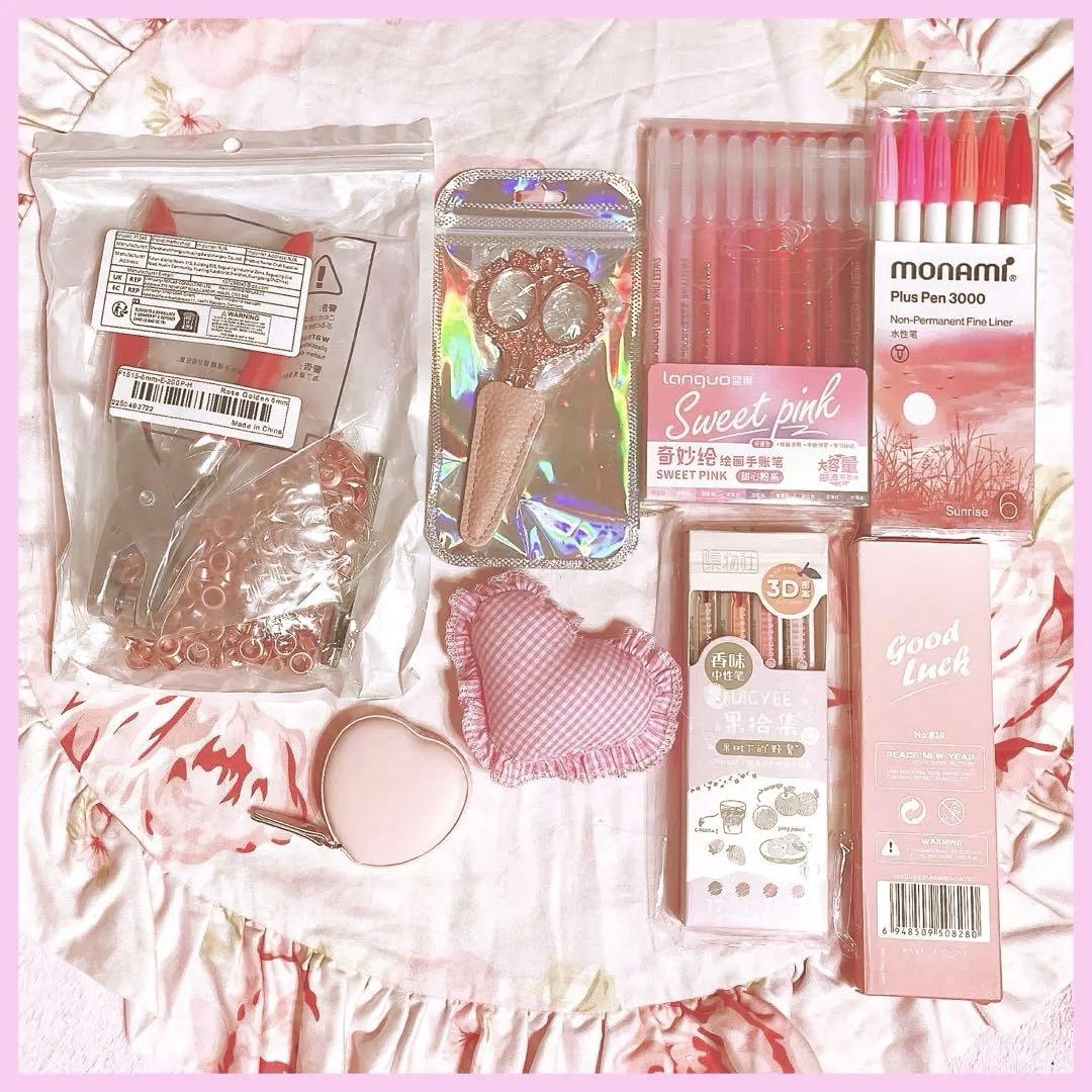 ハトメパンチセット❤︎ハサミ❤︎裁縫❤︎ペン❤︎ローズ ピンク❤︎オレンジピンク