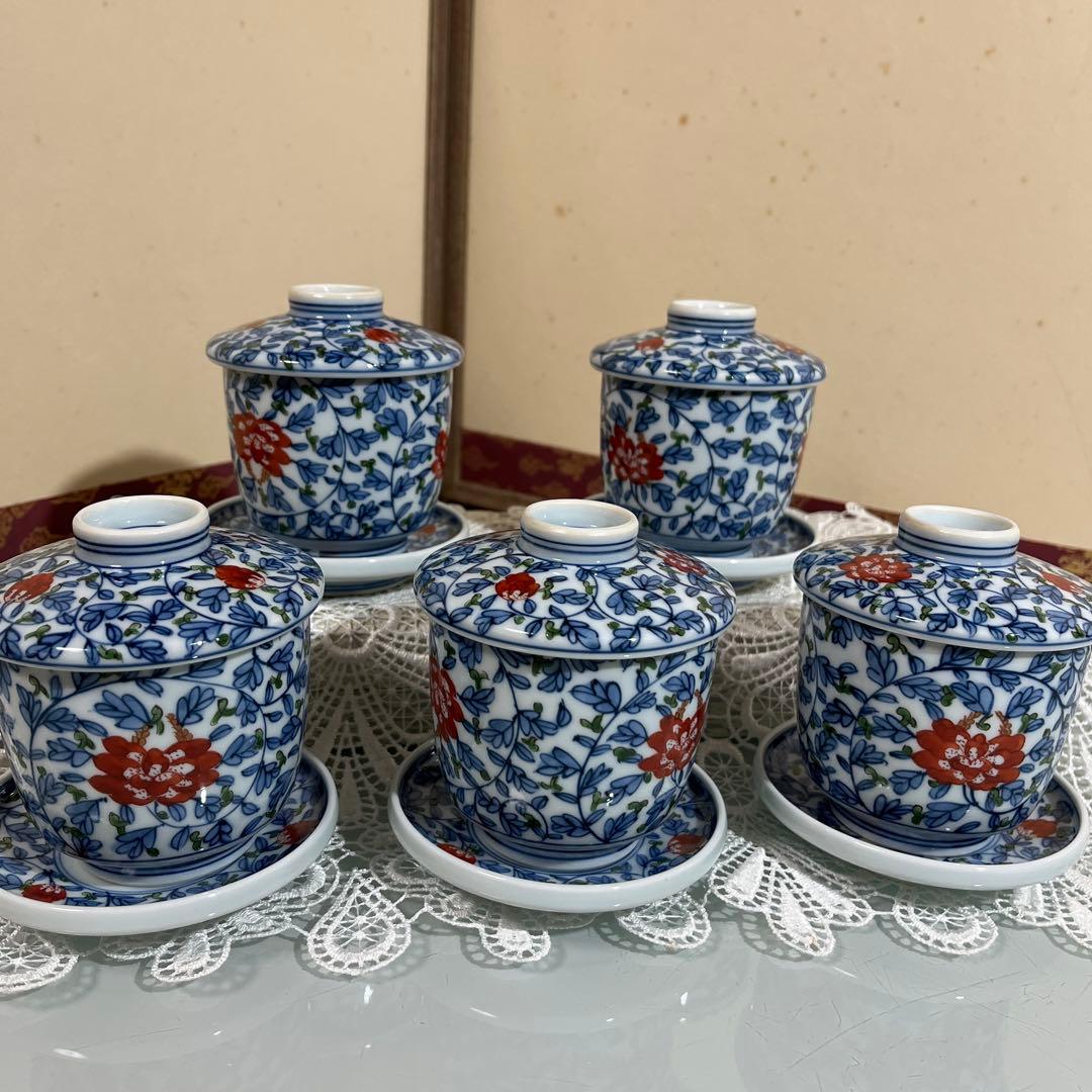 源右衛門　唐草牡丹　蒸し茶碗5客（H）