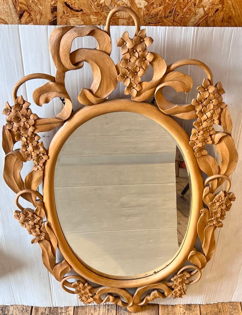 アンティーク　木彫り　掛鏡 花柄　インテリア　レトロ　大きいサイズ　壁掛け