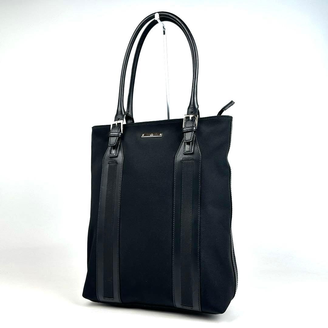 美品■グッチ トートバッグ ロゴプレート シルバー金具 キャンバス レザー 黒