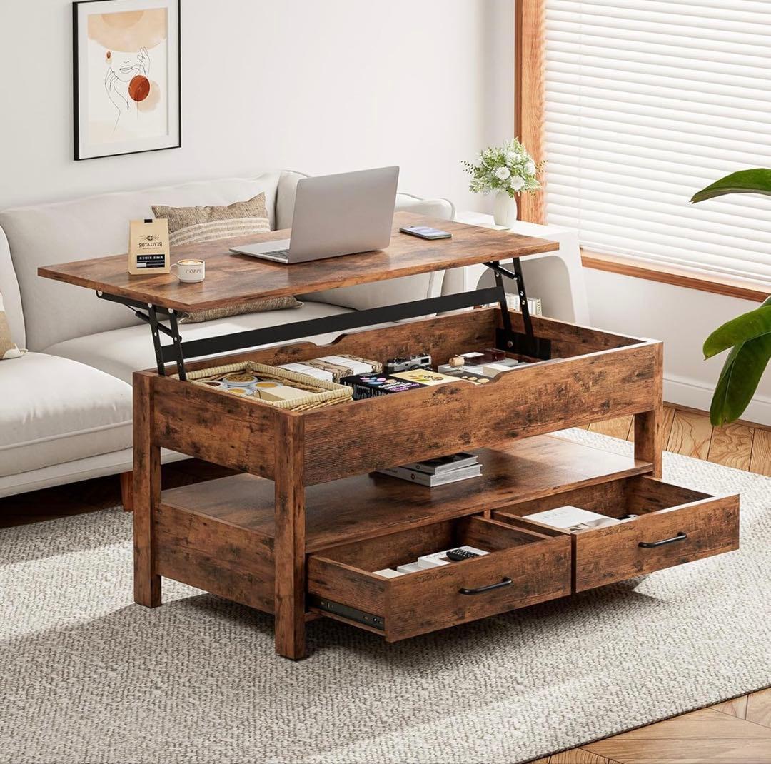 ローテーブル 昇降式 木製 コーヒーテーブル 引き出し付き 収納付き センター
