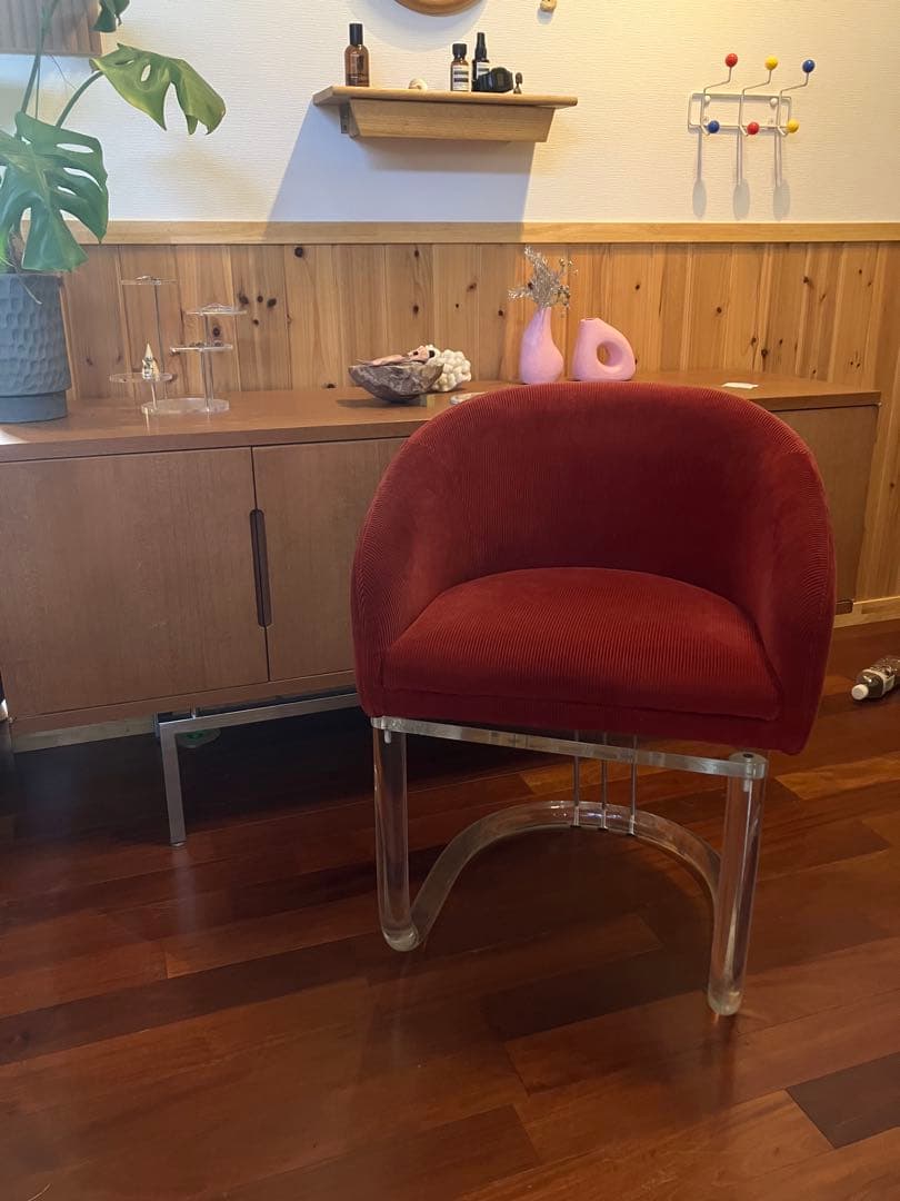 ミッドセンチュリー　ビンテージ　チェア　椅子　コーデュロイ　赤系　ポストモダン
