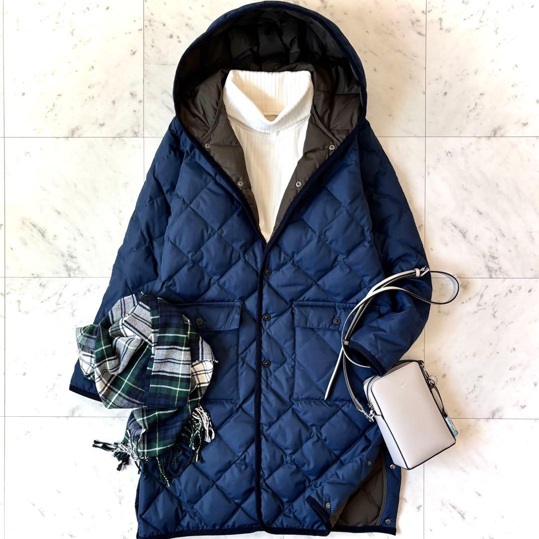 美品　タイオン ユニセックス　パイピングフード ロングダウンコート　ネイビー