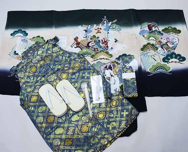 七五三 五歳 男児 正絹 羽織袴フルセット 深緑 手染 袴変更可 NO37110