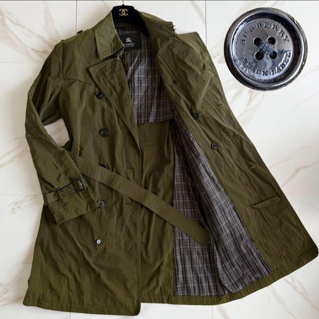 バーバリーブラックレーベル トレンチコート ベルト付 背抜き XL カーキ