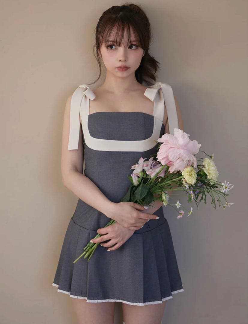 ワンピース andmary Chuchu pleats ribbon dress gray