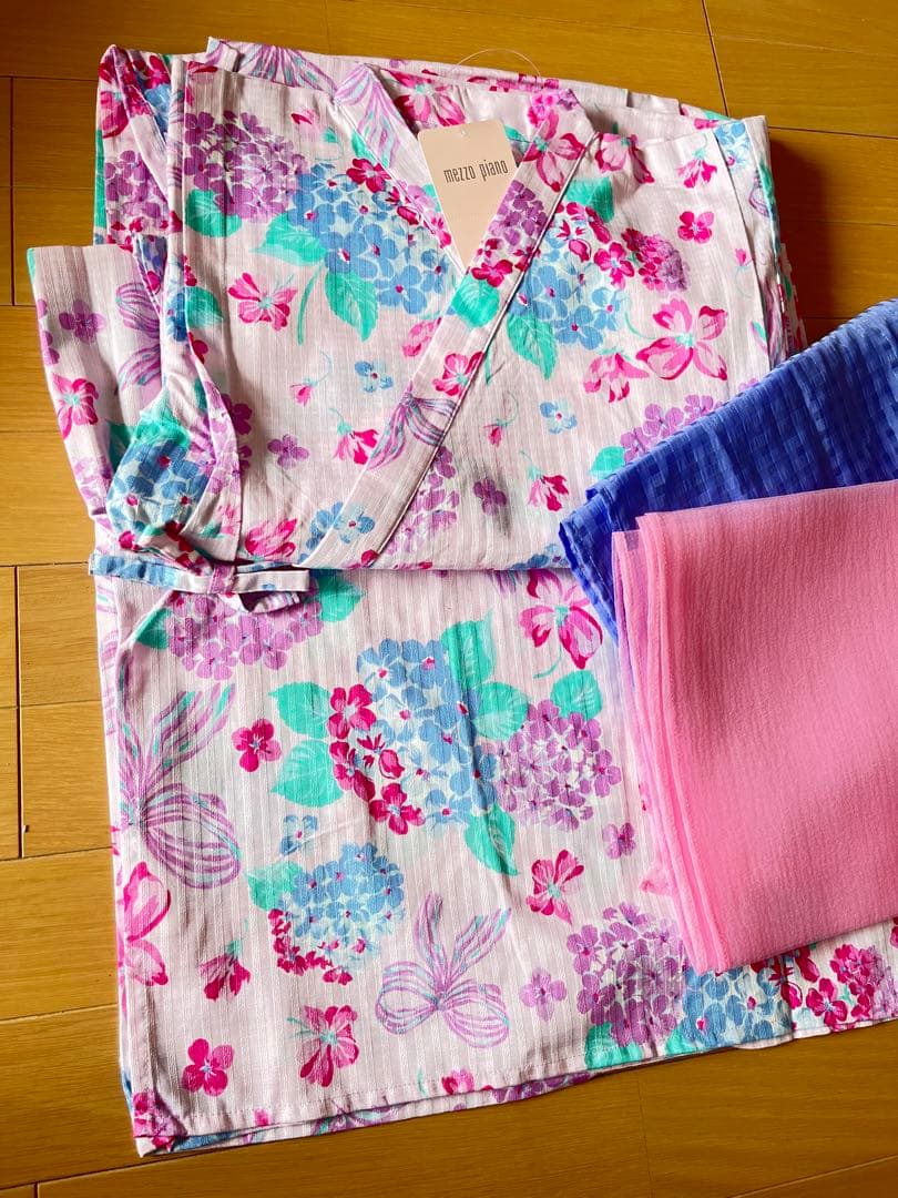 新品メゾピアノmezzopianoセパレート2way浴衣150cm紫陽花リボン柄