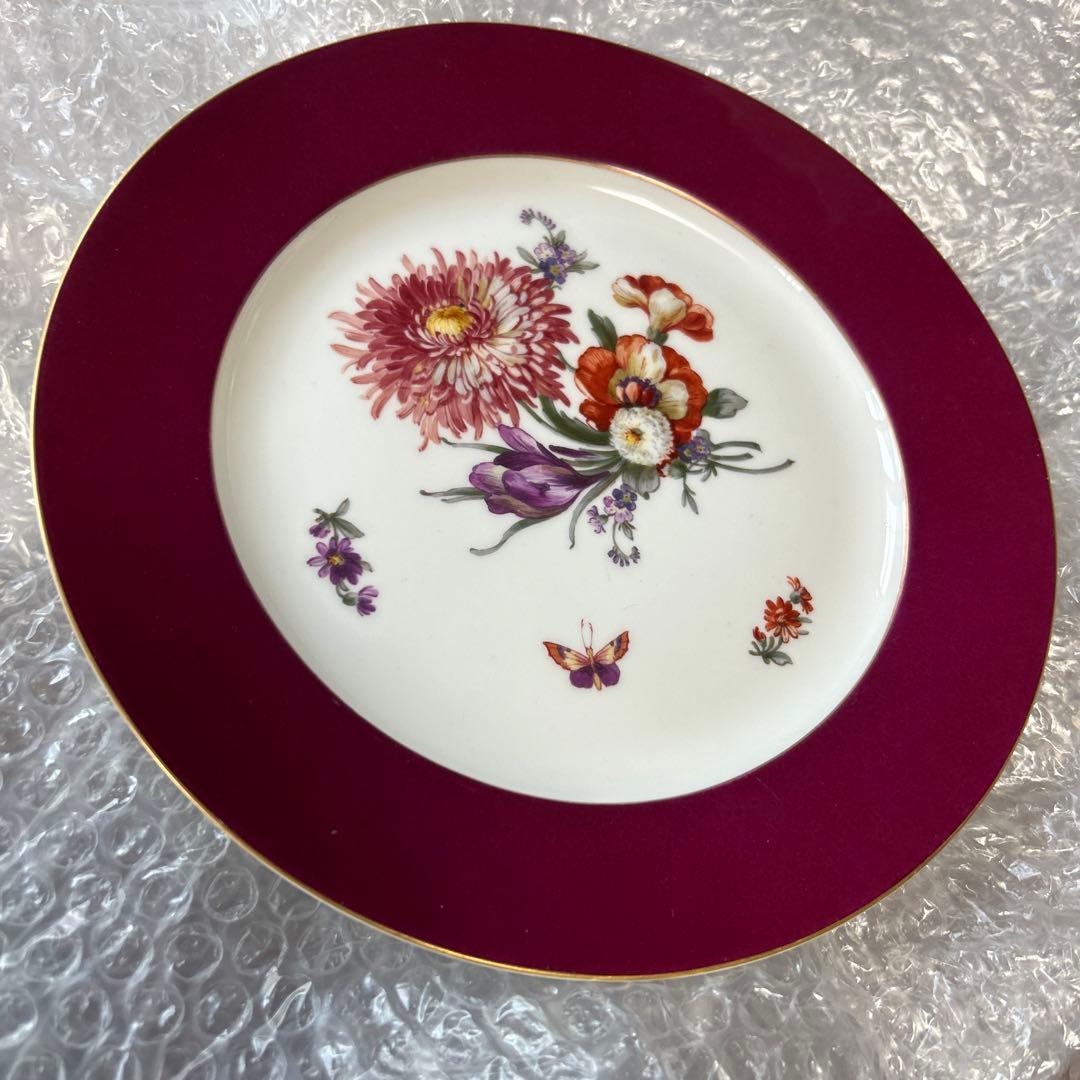 アンティーク高級食器　KPM 7種花　蝶々　赤皿